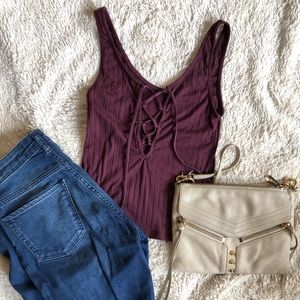 UO Lace Up Stretch Top in Burgundy